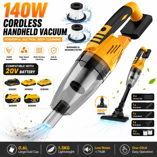 140W Cordless Handheld Vacuum Cleaner Bare Tool, Compatible with DeWALT 20V Battery, Portable Hand Vacuum with Multiple Nozzles & Washable HEPA Filter for Car Home Pet Hair Cleaning, Battery & Charger